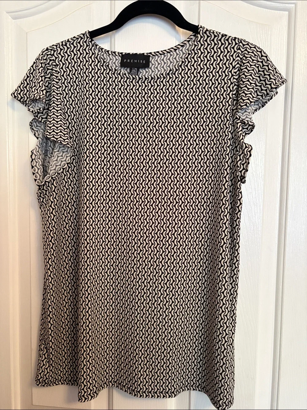 Premise Black & White Geometric Ruffle-Sleeve Blouse - Picture 1 of 6